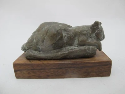 Pequeña escultura de gatito gato casa salón BRONCE sobre base de madera Foto 1 de 4