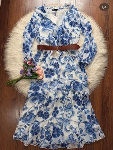 ZARA RUFFLED WHITE SKY BLU CHIFFON BELTED FLORAL PRINTED MIDI DRESS SIZE M - Picture 1 of 6
