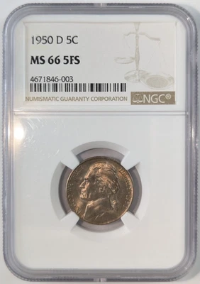 1950-D Jefferson Nickel 5c NGC MS66 5 FS 5 Full Steps 4671846-003 - Image 1 of 4