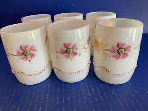 Heisey beaded swag opal glass tumbler hand-painted flowers 1295 milk glass 6 - Picture 1 of 8