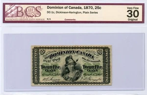 1870 25 Cent Dominion of Canada, Shinplaster - Very Fine, BCS VF30 - Picture 1 of 2