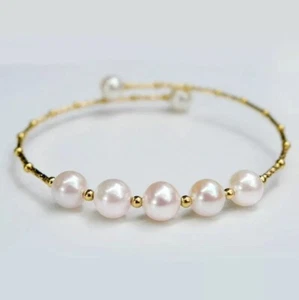 Echtes 7,5-8 Zoll rundes AAAA + 6-7 mm echtes natürliches weißes Akoya Perlenarmband 18 Karat Gold - Bild 1 von 5