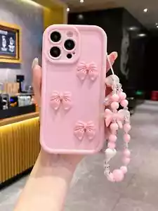Elegante custodia telefono 3D Bowknot con cordino ad arco con perline adatta per iPhone 7 a 15 - Foto 1 di 9