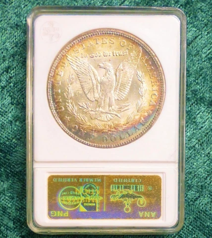 1904 O ANACs MS62 Color Toned Morgan Silver Dollar, 1st Gen. ANA Soapbox Slab Cover