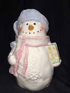 Snowman Holding Present Treat Candy Cookie Ceramic Jar 11” Tall. - Picture 1 of 12