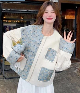 Fashion Womens Sweet Short Coat Jacket Floral Splicing Faux Leather Loose Coat - Picture 1 of 8