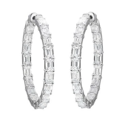 Emerald Cut Lab Grown Diamond Hoop Earrings 14K White Gold 7.76Cttw - Image 1 of 4