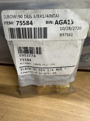 ELBOW,90 DEG 3/8X1/4(NTA)  ELBOW-90 DEG 1/4 MPT - Image 1 of 2