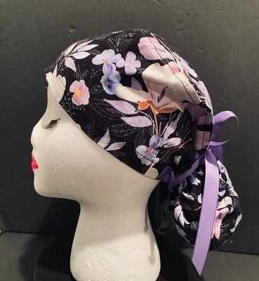 Purple/Pink Flowers Euro Scrub Cap, Satin Tie, Medical, Food Service, Head Cover - Image 1 of 4