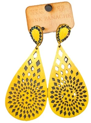 NWT Pink Panache Yellow W/ Blue Rhinestones Earrings- Very Lightweight Wood - Image 1 of 4