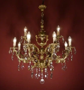 FRENCH LARGE CHANDELIER BRASS CRYSTAL BAROQUE 12 LIGHT LAMP SPANISH Ø 30" - Picture 1 of 7