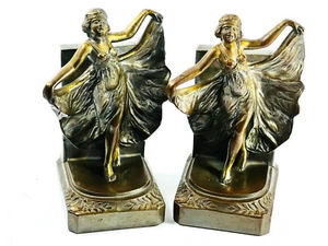Antique 1920's Flapper Deco Girl Bookends spelt bronze Loie Fuller SEE PICS - Picture 1 of 11
