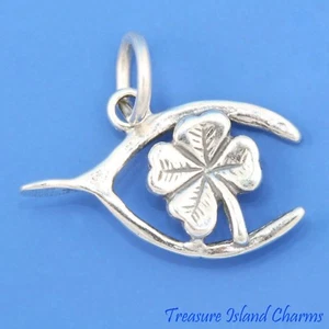 Lucky Shamrock Clover and Wishbone 3D 925 Solid Sterling Silver Charm USA MADE - Picture 1 of 2