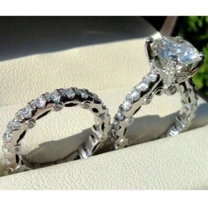 3.5ct Round Moissanite Matching Wedding Band Bridal Ring Set14KWhite Gold Plated - Picture 1 of 9