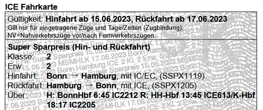Deutsche Bahn Tickets Köln - Hamburg, 15.06. - 17.06., 2 Erwachsene - Bild 1 von 1