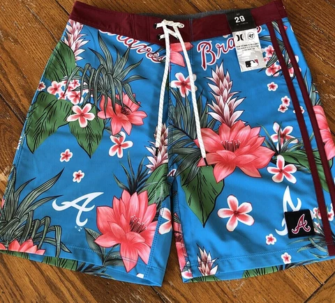 Atlanta Braves  Hurley 47 Brand  Aloha Hawaiian Swim Trunks in Blue Size 29 NWT Cover