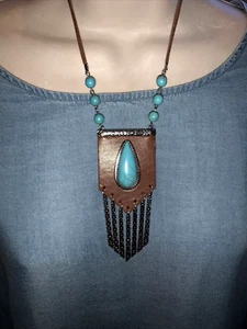 KENDRA SCOTT Türkis & Leder Indianer Fransen Gothic Halskette ❤️tb111 - Bild 1 von 3