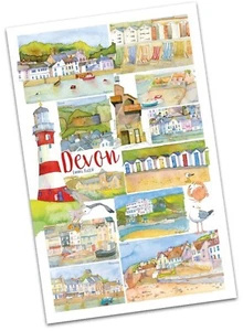Emma Ball Devon Red Montage Scenes 100% Cotton Tea Towel - Totnes, Brixham - Picture 1 of 1
