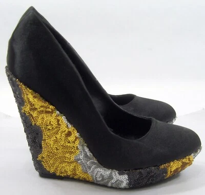 Nuevo Negro SATINADO 5" Tacón de Cuña Alto 1.5" Plataforma SEQUIN Zapatos Mujer Talla 6 Foto 1 de 4