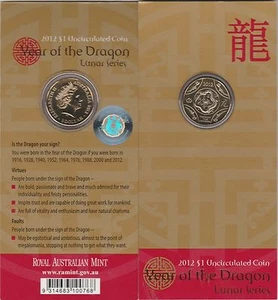 2012"Lunar Year of "The Dragon" Australia $1 Dollar UNC Coin on Card - Bild 1 von 1