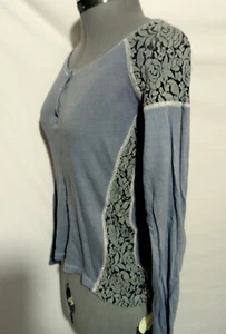 SANCTUARY Lace Inset T-shirt top XS Blue Gray Henley Scoop neck blouse LS Sexy - Picture 1 of 6