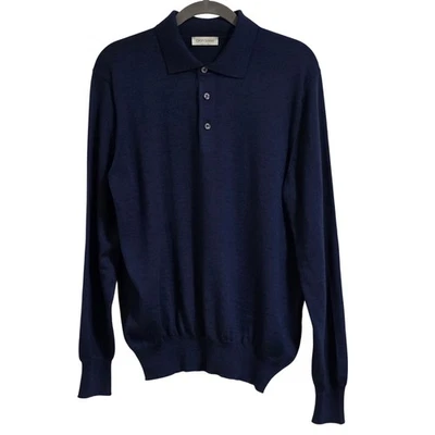 Gran Sasso Mens IT 50 US Lg Navy Blue Long Sleeve Virgin Wool Polo Sweater Italy - Image 1 of 4