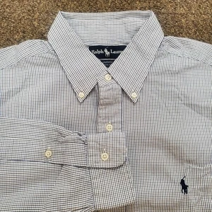 Ralph Lauren Yarmouth camicia abbottonata uomo 16,5 microcheck blu manica lunga - Foto 1 di 8