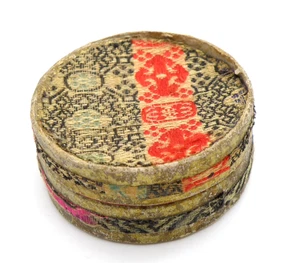 Vtg Chinese Brocade Round Trinket Box Red Gold Black Fabric 2" No. 262 - Picture 1 of 8