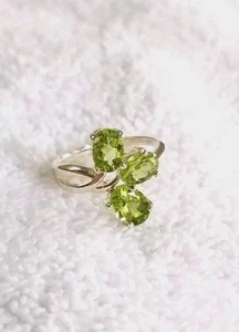 Hebei Green Peridot 3 Stone Ring Size 8 Nickel Free Sterling Silver - Picture 1 of 8