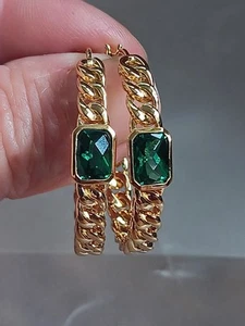 Lab Created Emerald Hoop Earrings Vermeil Gold Plated Sterling Silver - Picture 1 of 7