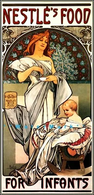 Póster impreso vintage de comida para bebés de Nestlé para bebés de 1897 estilo retro Mucha Art Foto 1 de 4