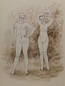 "2 Girls/Women Nude No.59" Painting/Mixed Media. sign. Wedekind - Picture 1 of 2