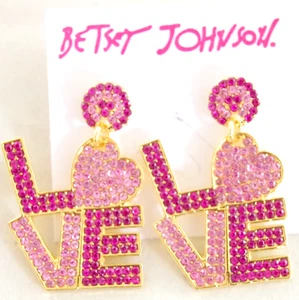 1.75" BETSEY JOHNSON PINK RHINESTONE VALENTINE "LOVE" HEART DROP DANGLE EARRINGS - Picture 1 of 18