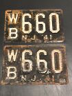 1941 New Jersey License Plate Pair Vintage NJ WB660