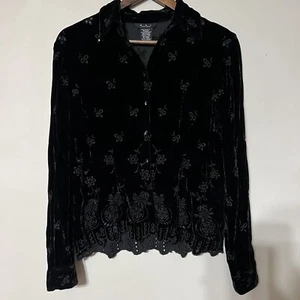 Vintage ECI New York Velvet Button Up Top Sz L Black Eyelet Silk Whimsigoth 90s - Picture 1 of 13