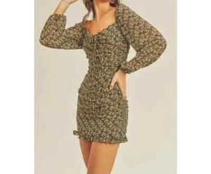 Lush Black Ruched Sheath Mini Dress Size Small Yellow Sweetheart Ruffle - Picture 1 of 5