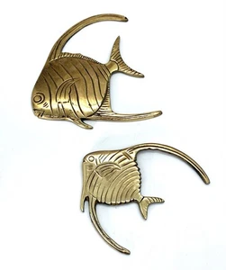 Vtg Pair MCM Solid Brass Angelfish Wall Art Nautical Tropical Home Décor Fish - Picture 1 of 6