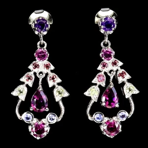 925 Sterling Silver Earrings Pear Rhodolite Garnet Peridot Natural Gemstone Jewe - Picture 1 of 14