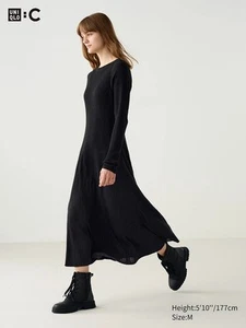 XS UNIQLO:C by Clare Waight Lightweight Black WOOL-Blend RIBBED Knit LONG DRESS - Picture 1 of 21
