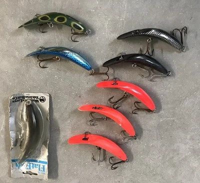 Lote de 8 SEÑUELOS DE PESCA VINTAGE Helin FLATFISH M-2 (4,25”) 7 usados, 1 nuevos Foto 1 de 4