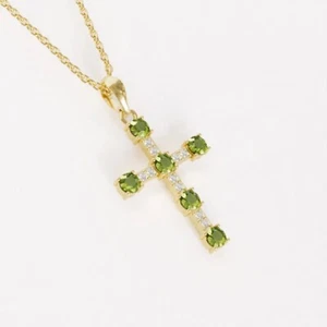 925 Sterlingsilber Peridot Kreuz Anhänger Diamant Heiliges Gold Geschenk - Bild 1 von 3