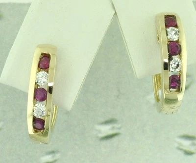 0.75 ct 14k Yellow Gold Natural Diamond & Ruby Earring Huggie  Hoop 4.20 Gram - Image 1 of 4