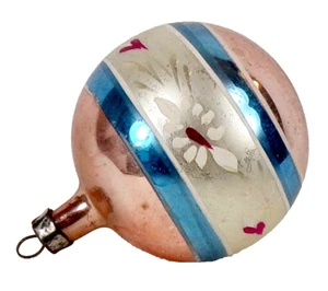 Christmas Ornament Blown Glass Peach Blue White Stripes Flowers Fantasia #1083 - Picture 1 of 8