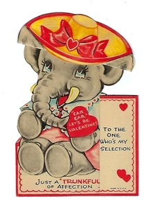 1940's Fold Out-Die-Cut Valentine Card, Elephant Wearing a Yellow Hat, Hearts - Picture 1 of 3