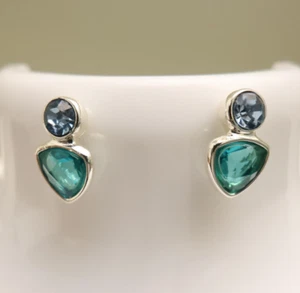 Anne Klein earrings green triangle crystal w/ blue round crystal stud silvertone - Picture 1 of 5