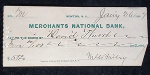 1887 Merchants National Bank of Newton, NJ Bank Check. $5. Our T7985 - Picture 1 of 6