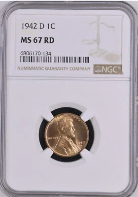 :1942-D 1C LINCOLN CENT SUPERB NGC MS-67 RED LOW POP RARITY R3 HIGHEST GRADES - Image 1 of 2