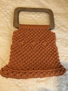 Vtg 1960s-70s Orange Macrame Crochet Wood Handle Bag Purse  Handmade Hippie Boho