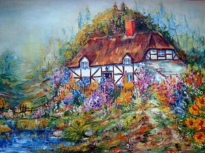 IMPRESIÓN ACEO DE PINTURA - MAÑANA casa jardín girasoles flores árboles por EMMA - Imagen 1 de 4