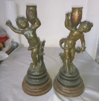 PAIRE BOUGEOIR STATUE signé AUGUSTE MOREAU 1834-1917 ANGE CHERUBIN 19 siecle - Photo 1/4